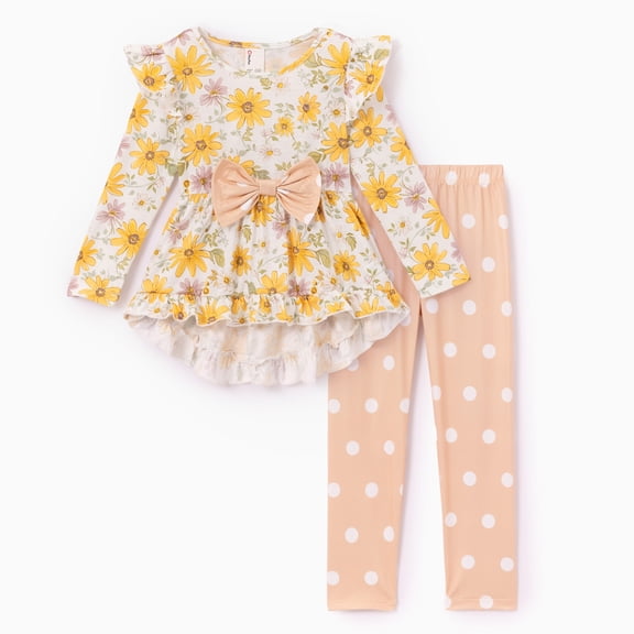 PatPat Toddler Girl Clothes Kids Girls Outfits Floral Bowknot Long Sleeve Tops with Polka Dot Leggings 2 Piece Outfit Sets, Yellow, 3Y