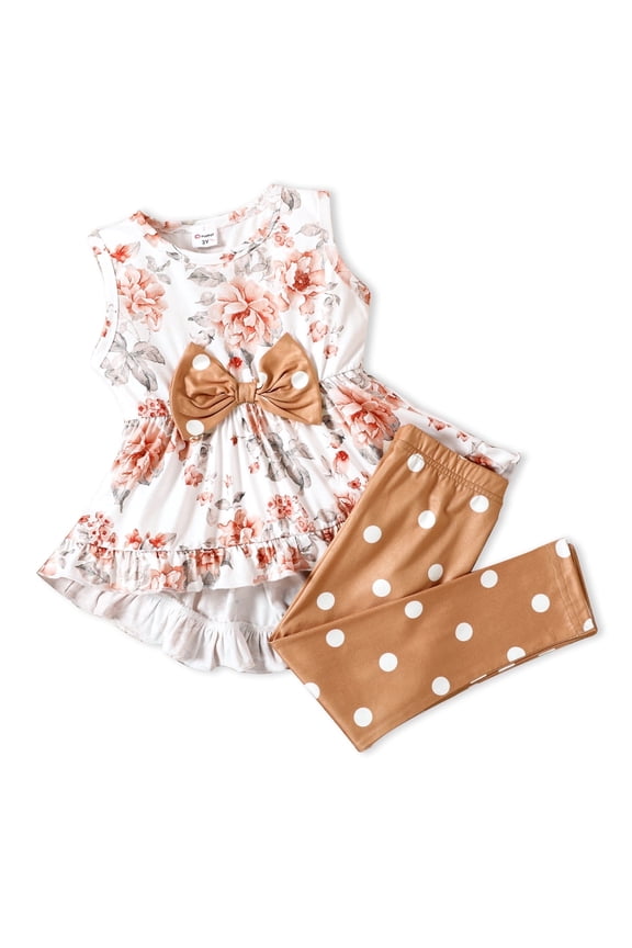 Toddler Girl Clothes Kids Girls Outfits Floral Bowknot Sleeveless Tops with Polka Dot Leggings 2 Piece Outfit Sets, Brown