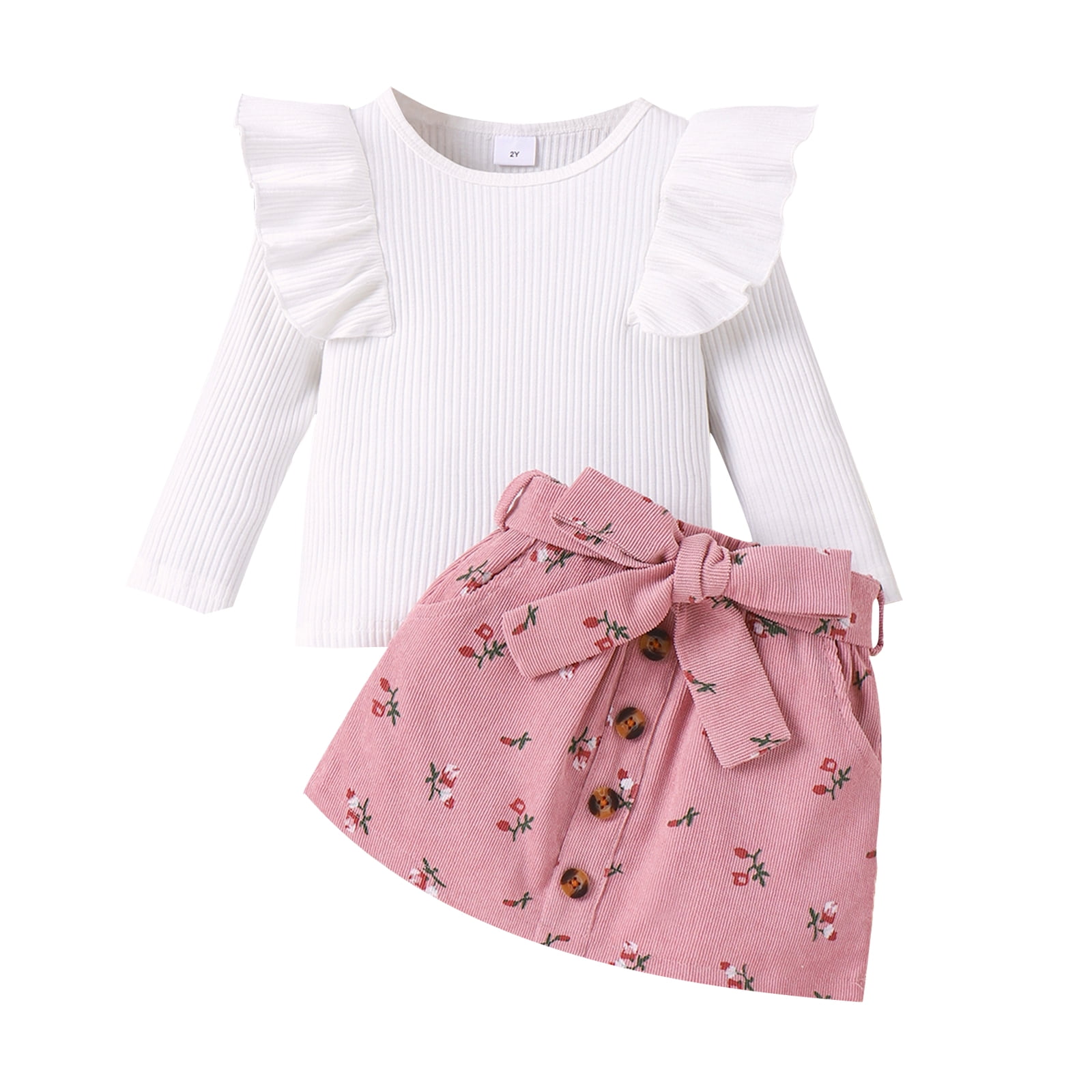 PatPat Toddler Girl Clothes Outfit Sets Ruffled Ribbed Top and Bow Floral Skirt Set for Girl