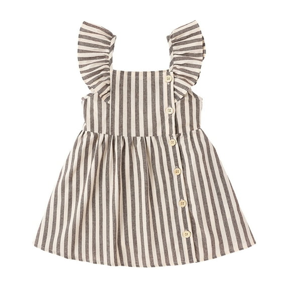 PatPat Toddler Girl Dresses Little Girls Summer Clothes 100% Cotton Button Stripe Ruffled One Piece Sleeveless Strap Dress, Stripe, Clearance, 5-6T