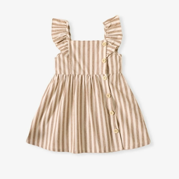 PatPat Toddler Girl Dresses Little Girls Summer Clothes Cotton Button Stripe Ruffled One Piece Sleeveless Strap Dress, Khaki, 18M-6Y, Clearance