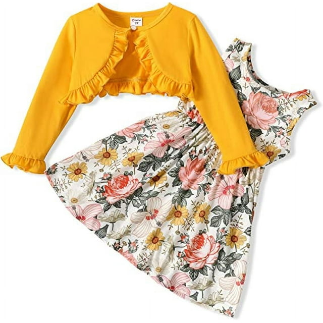 PatPat Toddler Girl Floral Dress and Ruffled Cardigan Set for Girl,2