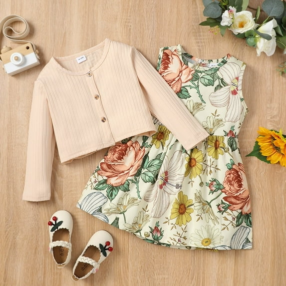 PatPat Toddler Girl Floral Sleeveless Dress and Button Long-sleeve Cardigan Set,Sizes 18M-6Y,2-Piece, Beige,5-6T