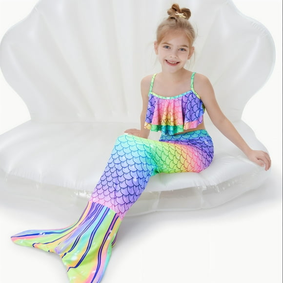 Toddler Girls Bikinis Set Ruffled Top and Bottom and Mermaid Tail 3 Pieces Swimsuits Set Sizes 2-8