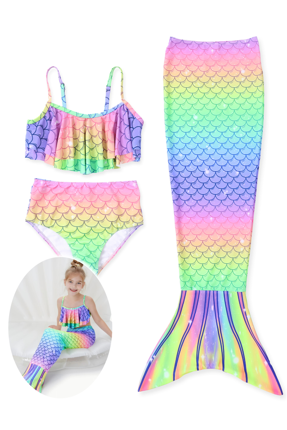 Toddler Girls Bikinis Set Ruffled Top and Bottom and Mermaid Tail 3 Pieces Swimsuits Set Sizes 2-8