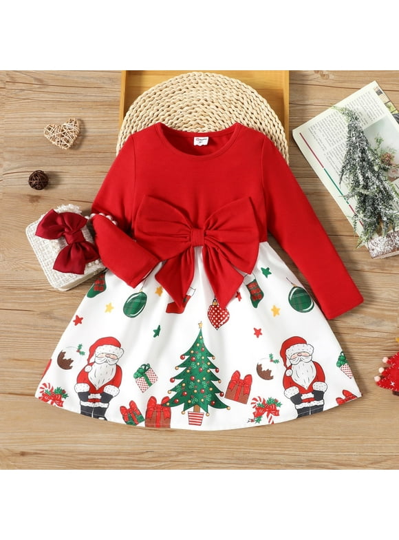 Toddler Girls Christmas Dress Red Bowknot Holiday Outfit Skirt,Long Sleeve Cartoon Santa Claus Xmas Gifts Casual Splicing Midi Dress Winter Clothes, 3-4 Years