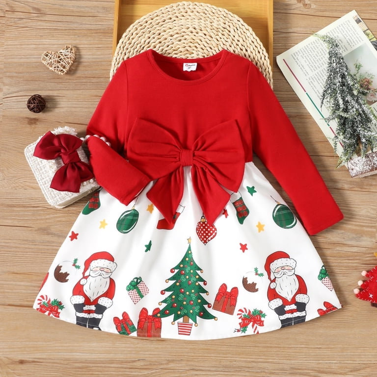 PatPat Toddler Girls Christmas Dress Red Bowknot Holiday Outfit Skirt,Long Sleeve Cartoon Santa Claus Xmas Gifts Casual Splicing Midi Dress Winter Clothes, 3T