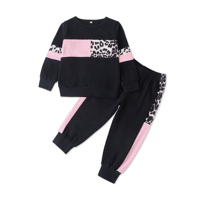Spring and Autumn Kids Girls Casual Leopard Pattern Top and Plain Pants Clothing Set