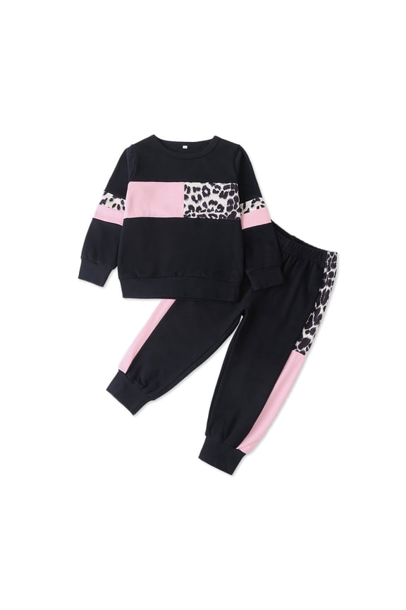 Toddler Girls Clothes 2 Piece Long Sleeve Top & Pants Kids Back to School T Shirt Splice Color Block Leopard Print Pullover Outfit Sets, Black, 3-4 Years