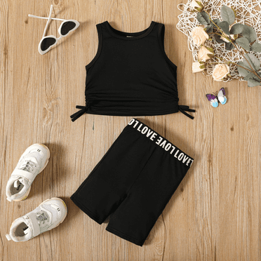 PatPat Toddler Girls Clothes 2pcs Bowknot Design Tank Top and Letter Print Shorts Sporty Sets, Black, 3-4 Years