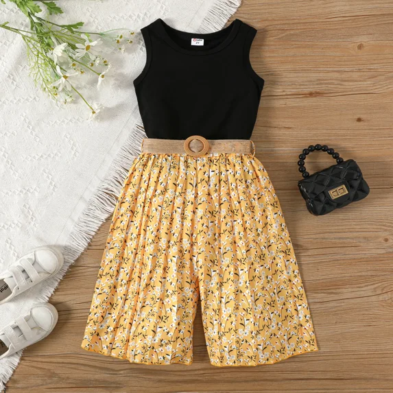 PatPat Toddler Girls Clothes 3 Piece Baby Summer Outfit Sets Sleeveless Tank Top and Floral Pleated Wide Leg Pants Set with Belt, Yellow, 3-4 Years