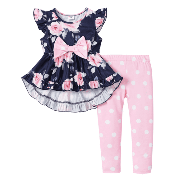 PatPat Toddler Girls Clothes Baby Girls Outfits 2 Piece Floral Bowknot Ruffled Sleeveless Tee and Dots Pants Set, Deep Blue, 2T