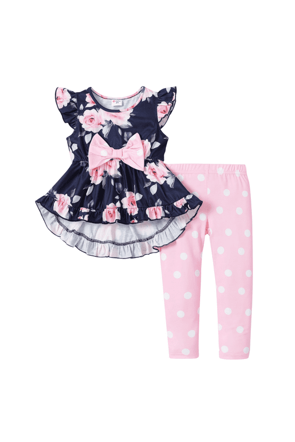Toddler Girls Clothes Baby Girls Outfits 2 Piece Floral Bowknot Ruffled Sleeveless Tee and Dots Pants Set, Deep Blue, 2T