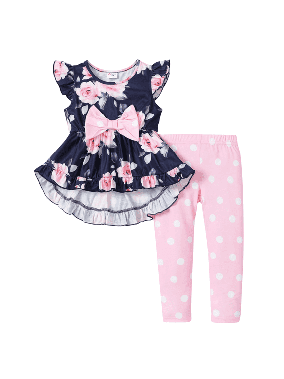 Toddler Girls Clothes Baby Girls Outfits 2 Piece Floral Bowknot Ruffled Sleeveless Tee and Dots Pants Set, Deep Blue, 3T