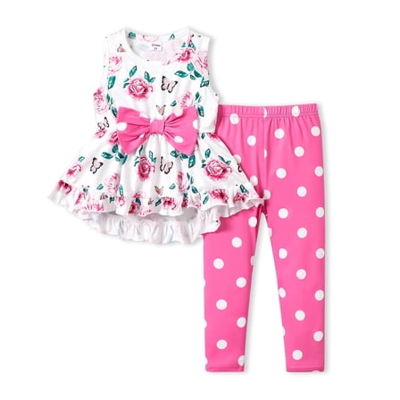 PatPat Toddler Girls Clothes Baby Girls Outfits 2 Piece Floral Bowknot Ruffled Sleeveless Tee and Dots Pants Set, Pink, 4-5T