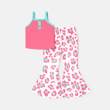 PatPat Toddler Girls Clothes Button Design Camisole and Leopard Print Flared Pants Outfit Sets, Pink, 3 Years