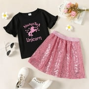 PatPat Toddler Girls Clothing Unicorn Short Sleeve Graphic T-Shirt Princess Sequined Skirt 2-Piece Outfits Set Black Pink Size 4-12