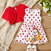 PatPat Toddler Girls Dress Kids Clothes 2pcs Cardigan and Rabbit Polka Dots Dress Set, Red