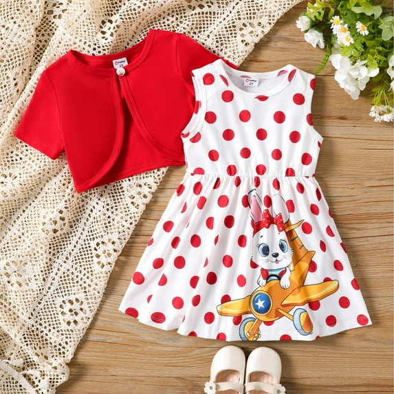 PatPat Toddler Girls Dress Kids Clothes 2pcs Cardigan and Rabbit Polka Dots Dress Set, Red