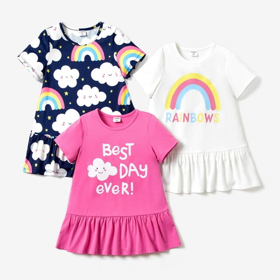 PatPat Toddler Girls Dresses 3 Pack Little Girl Clothes Clouds and Rainbow Short Sleeve Dress Set, Rose Red & White & Navy, 4-5 Years