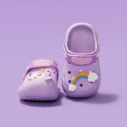PatPat Toddler Girls Hole Shoes Kids Childlike Slip On Slide Sandals Graffiti Rainbow and Unicorn Pattern Beach Pool Slipper,Light Purple, Size 5-13.5