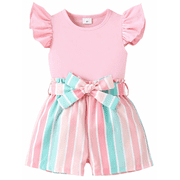 PatPat Toddler Girls Outfits Baby Girl Clothes Sets 2pcs Sweet Girly Flutter Sleeve Top and Shorts Set, Pink, 2T