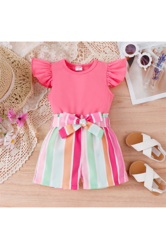 Toddler Girls Outfits Baby Little Girl Clothes Sets 2pcs Sweet Girly Flutter Sleeve Top and Stripe Belted Shorts Set for Gift, Hot Pink, 2T