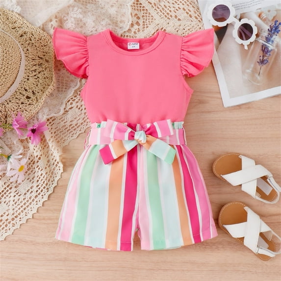 PatPat Toddler Girls Outfits Baby Little Girl Clothes Sets 2pcs Sweet Girly Flutter Sleeve Top and Stripe Belted Shorts Set for Gift, Hot Pink, 2T