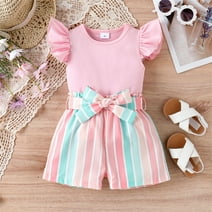 PatPat Toddler Girls Outfits Baby Little Girl Clothes Sets 2pcs Sweet Girly Flutter Sleeve Top and Stripe Belted Shorts Set for Gift, Pink, 2-6T