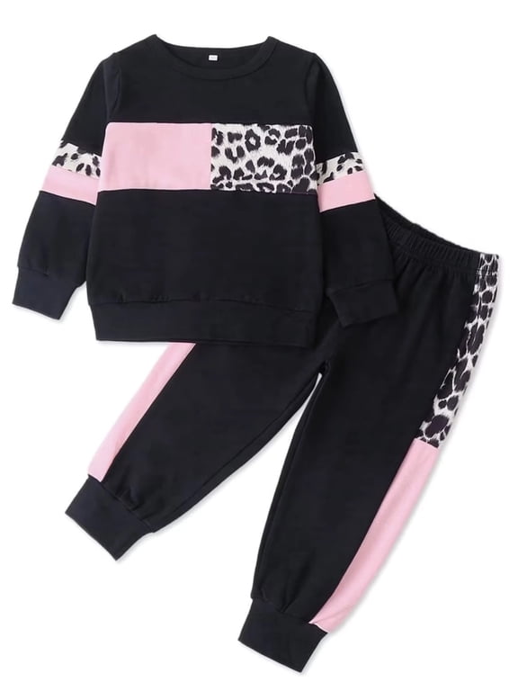 Toddler Girls Clothes 2 Piece Long Sleeve Top & Pants Kids Back to School Splice Color Block Leopard Print Pullover Outfit Sets, Black, 4-5 Years