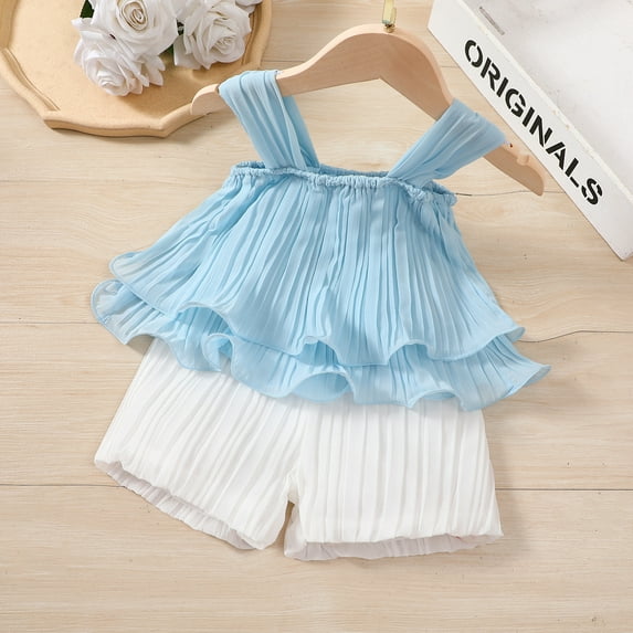 PatPat Toddler Girls Summer Clothes 2pcs Baby Outfit Sets Loose Chiffon Pleated Sleeveless Cami and Shorts Set, Light Blue, 3 Years