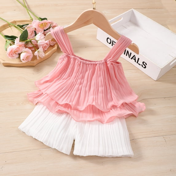 PatPat Toddler Girls Summer Clothes 2pcs Baby Outfit Sets Loose Chiffon Pleated Sleeveless Cami and Shorts Set, Light Pink, 6-9M