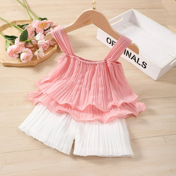 PatPat Toddler Girls Summer Clothes 2pcs Baby Outfit Sets Loose Chiffon Pleated Sleeveless Cami and Shorts Set, Light Pink, 9-12M