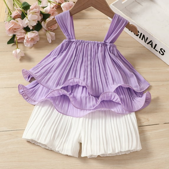 PatPat Toddler Girls Summer Clothes 2pcs Baby Outfit Sets Loose Chiffon Pleated Sleeveless Cami and Shorts Set, Light Purple, 3 Years