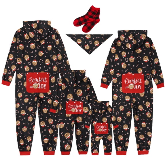 PatPat PatPat Christmas Pajamas Kids Family Matching Hooded One Piece Long Sleeve Cute Bear Prints PJs for Toddler Boys Girls Holiday Sleepwear with Socks, Black, 6-7Y