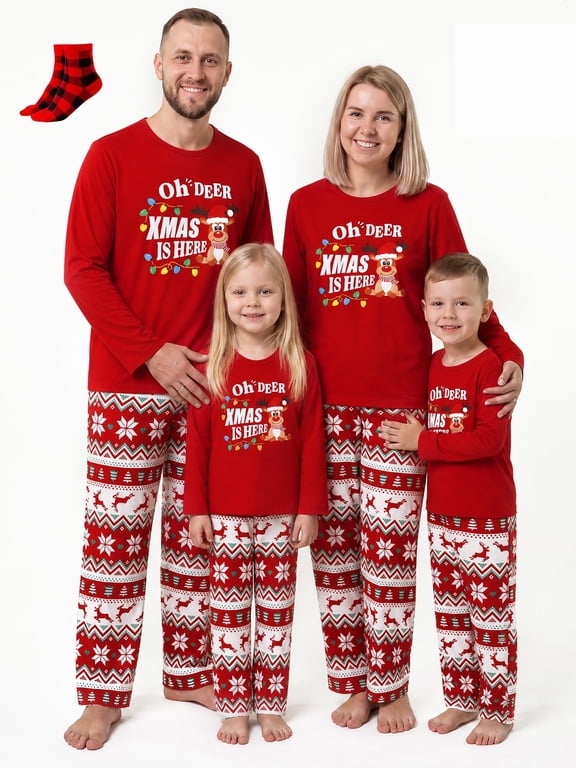 Toddler Christmas Pajamas Family Matching Holiday Sleepwear Red Reindeer Top and Pants Set with Socks Girls Pajamas Boys Pajamas 4-5 Years
