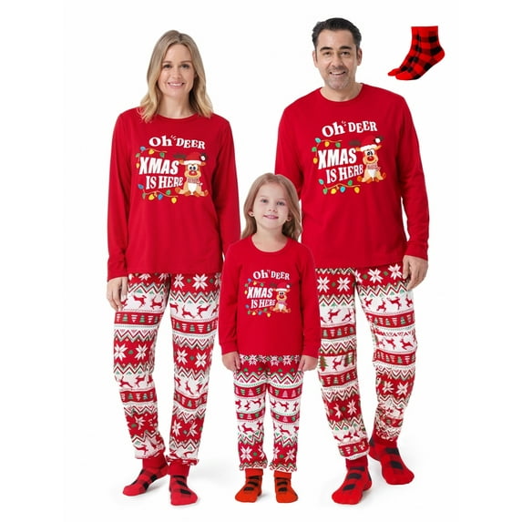 PatPat Toddler Christmas Pajamas Family Matching Holiday Sleepwear Red Reindeer Top and Pants Set with Socks Girls Pajamas Boys Pajamas 2 Years