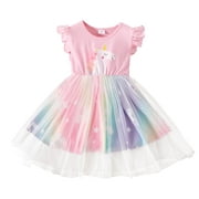 PatPat Toddler Princess Dress Little Girls Summer Clothes Unicorn Mesh Overlay Flutter Sleeve Elegant Party Dress, Pink, 2-6T