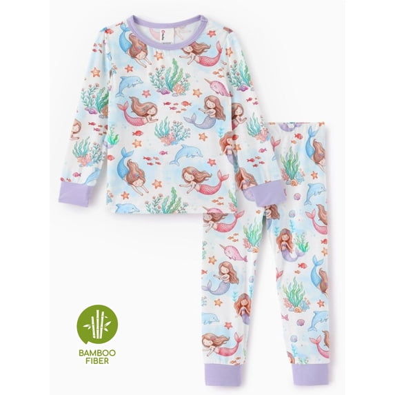 PatPat Toddler pajamas Bamboo Viscose Long Sleeve Pajama Set Mermaid Print Soft Sleepwear 2Y