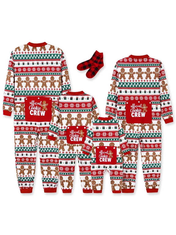 Christmas Pajamas Womens Matching Family One Piece Long Sleeve Gingerbread PJs Sleepwear Loungewear for Couples with Socks, M