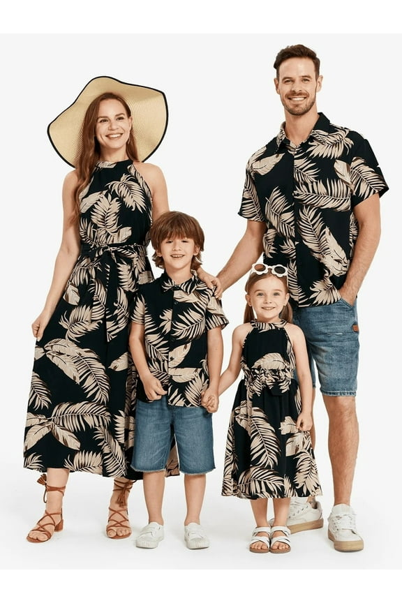 Women Dress Beach Vacation Clothes For Women Family Matching Outfits Hawaiian Maxi Halte Dress Short-sleeve Sunflower Dress for Couple，S-XL