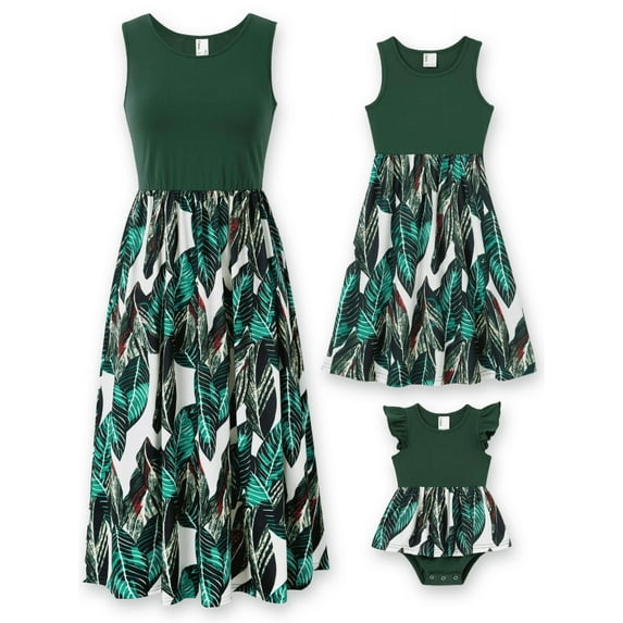 PatPat Womens Dresses Mommy and Me Green Dresses Tropical Floral Midi Sleeveless Casual Summer Dresses for Women,S-XL