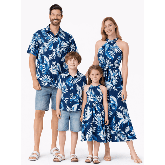 PatPat Women Summer Dresses Couple Matching Outfits Casual Sundress Halter Blue Floral Tropical Vacation Dresses for Women,S-XL