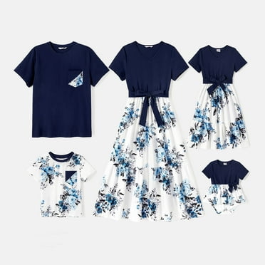 PatPat Women Dresses Family Matching Mommy and Me Short-sleeve Floral Print Spliced Dresses, Deep Blue