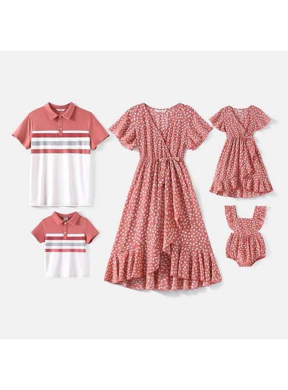 Women Dress Family Matching Outfits Mommy and Me Allover Floral Print Ruffles Dresses for Women, Red