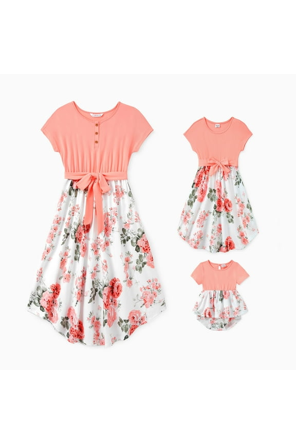 Women Dress Mommy & Me Family Matching Sets Casual Pinkish Orange Cap-sleeve Spliced Floral Dresses Women S-XL