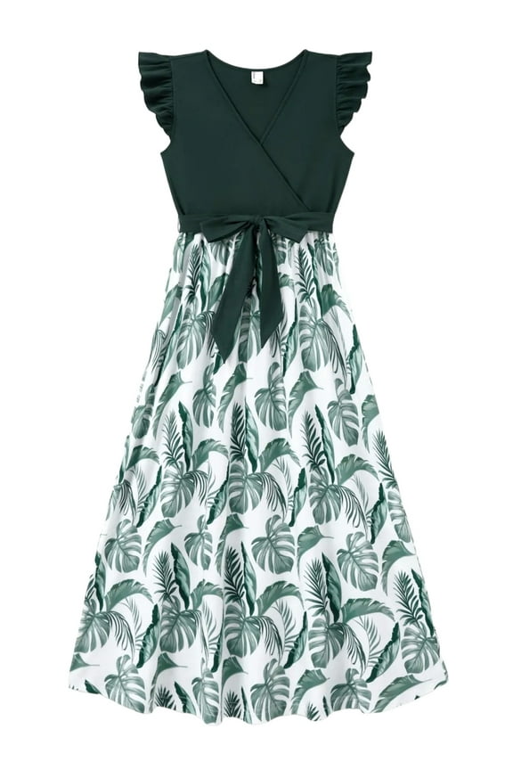 Women Dresses Summer Casual Sundress Spliced Surplice Neck Flutter-sleeve Belted Midi Vacation Dresses, Army Green M