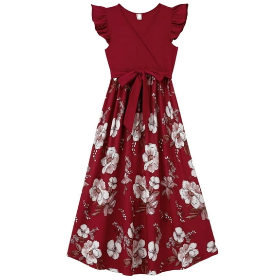 PatPat Women Dresses Summer Casual Sundress Spliced Surplice Neck Flutter-sleeve Belted Midi Vacation Dresses, Burgundy XL