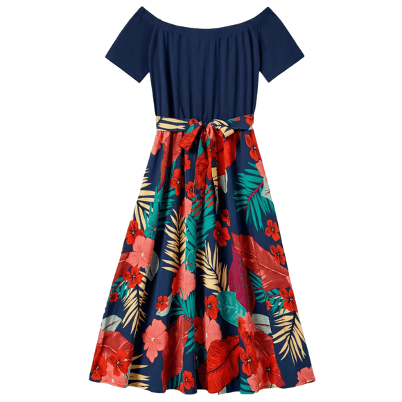 PatPat Women Dresses Summer Floral Sundress Off-Shoulder Belted Vacation Midi Dresses, Blue, M