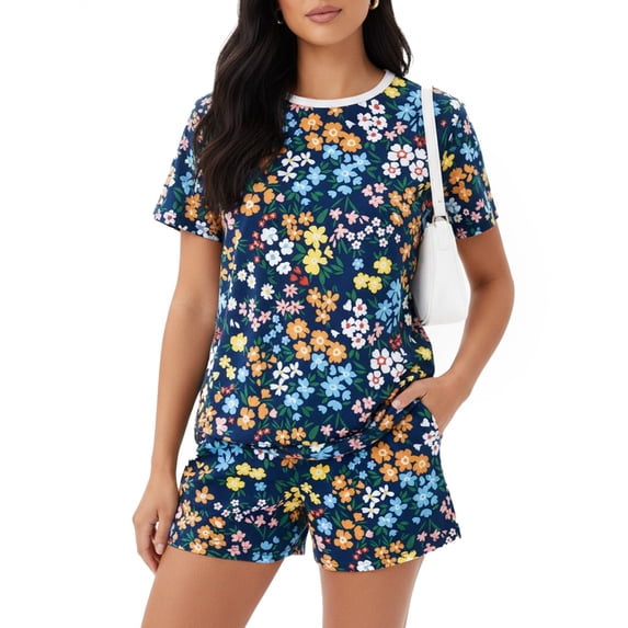 PatPat Women Lounge Sets 2 Piece Pajama Sets Short Sleeve Top and Shorts Loungewear Floral Print Trendy Home and Street Outfits Sets with Drawstring Pockets, Dark Blue, S